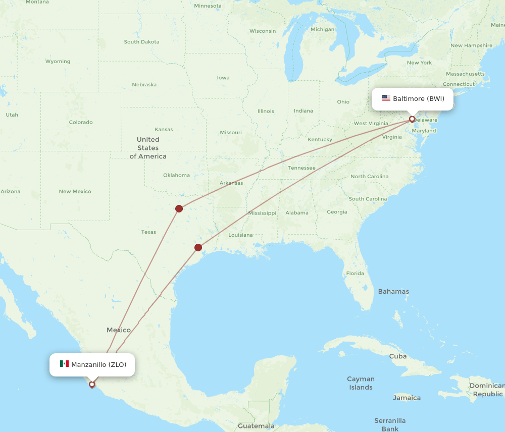 BWI to ZLO flights and routes map