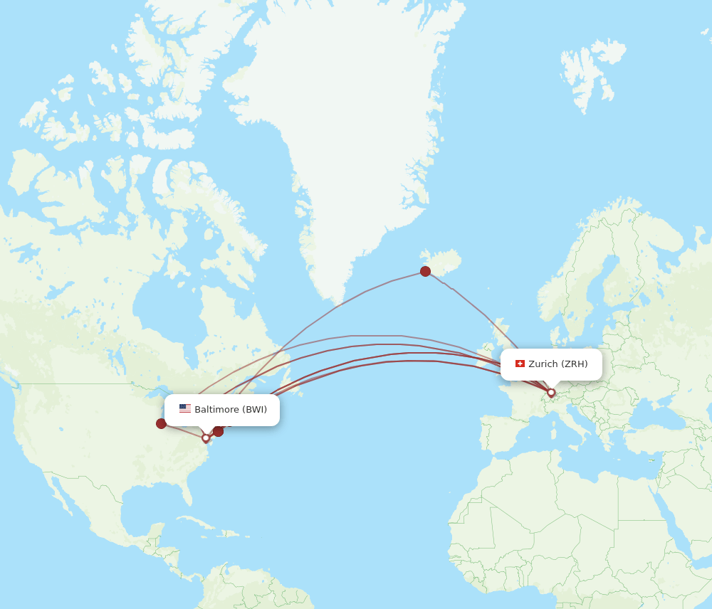 Zurich - Baltimore route map and flight paths