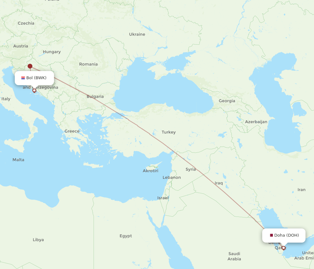 DOH to BWK flights and routes map