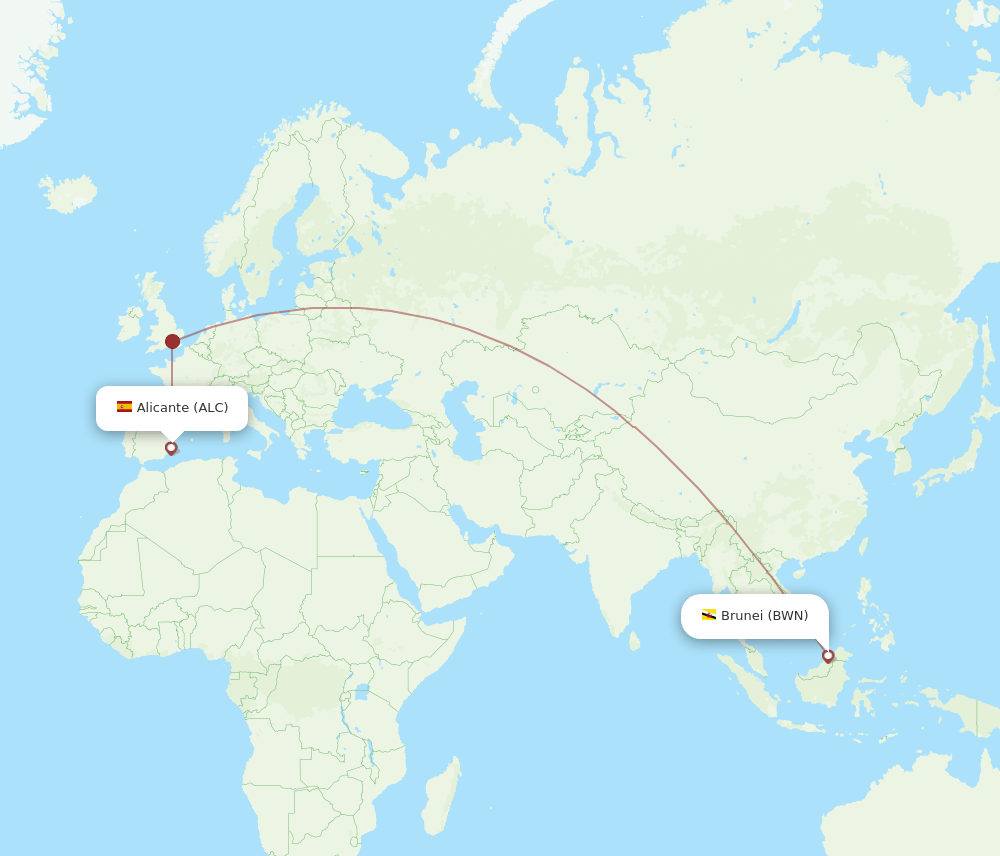 Alicante - Bandar Seri Begawan route map and flight paths