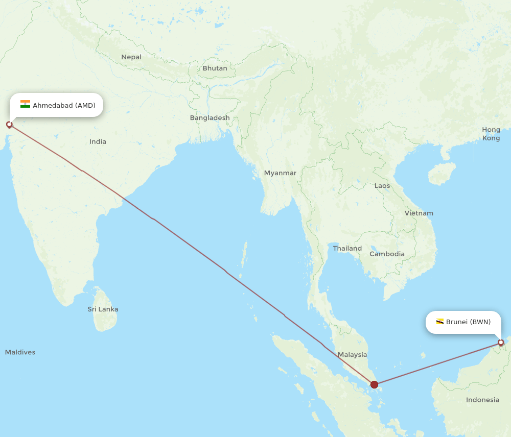 BWN-AMD flight routes