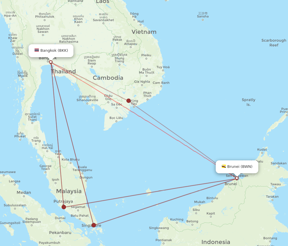 BWN to BKK flights and routes map