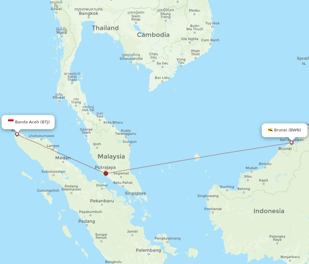 Banda Aceh - Bandar Seri Begawan route map and flight paths