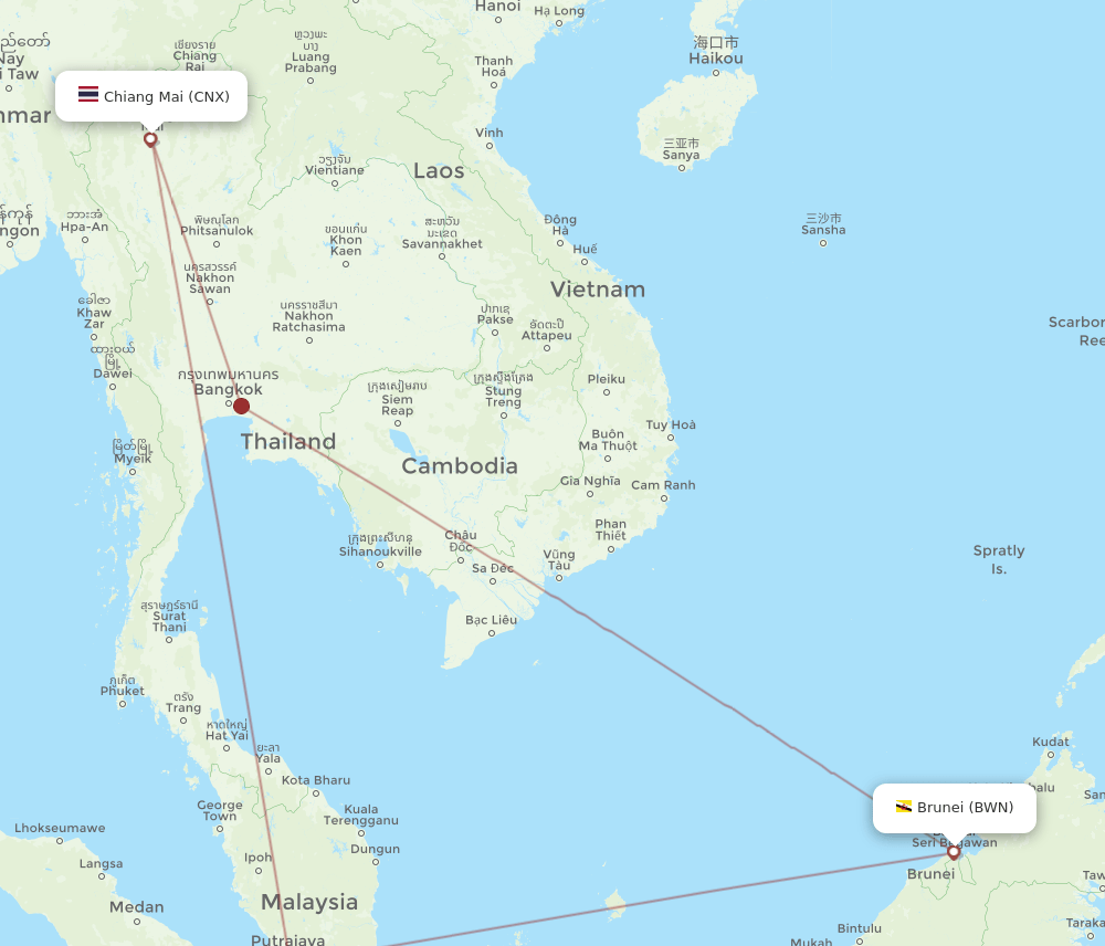 BWN to CNX flights and routes map
