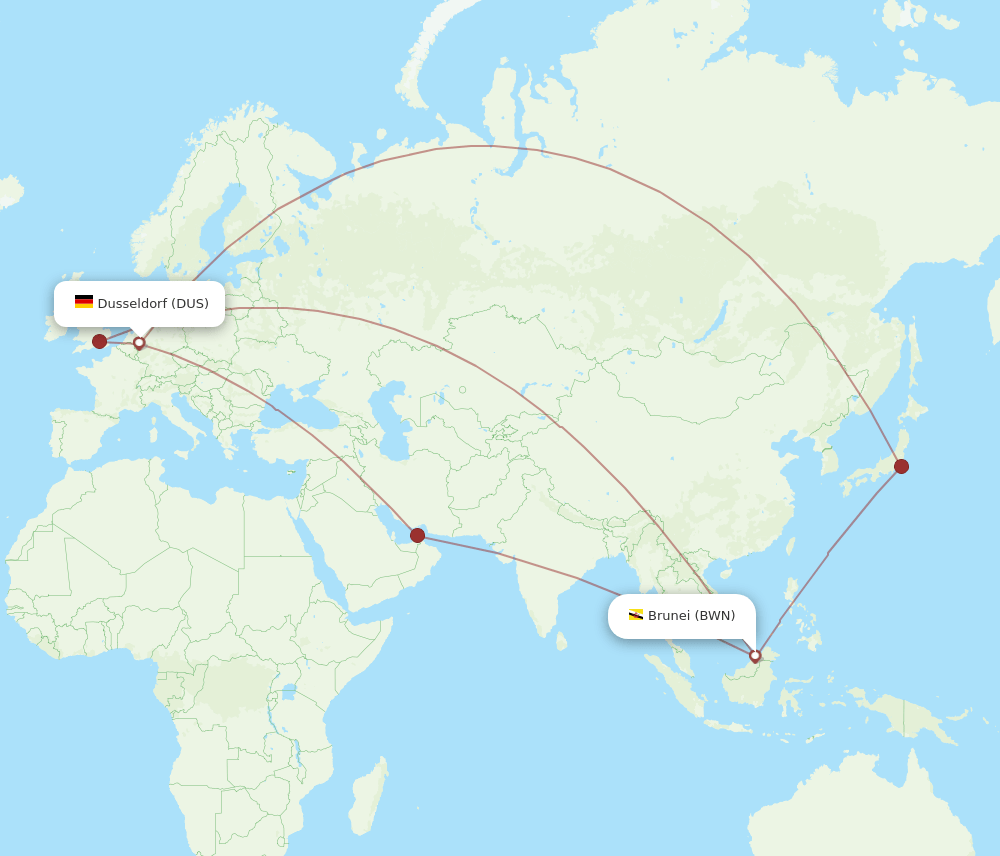 BWN-DUS flight routes