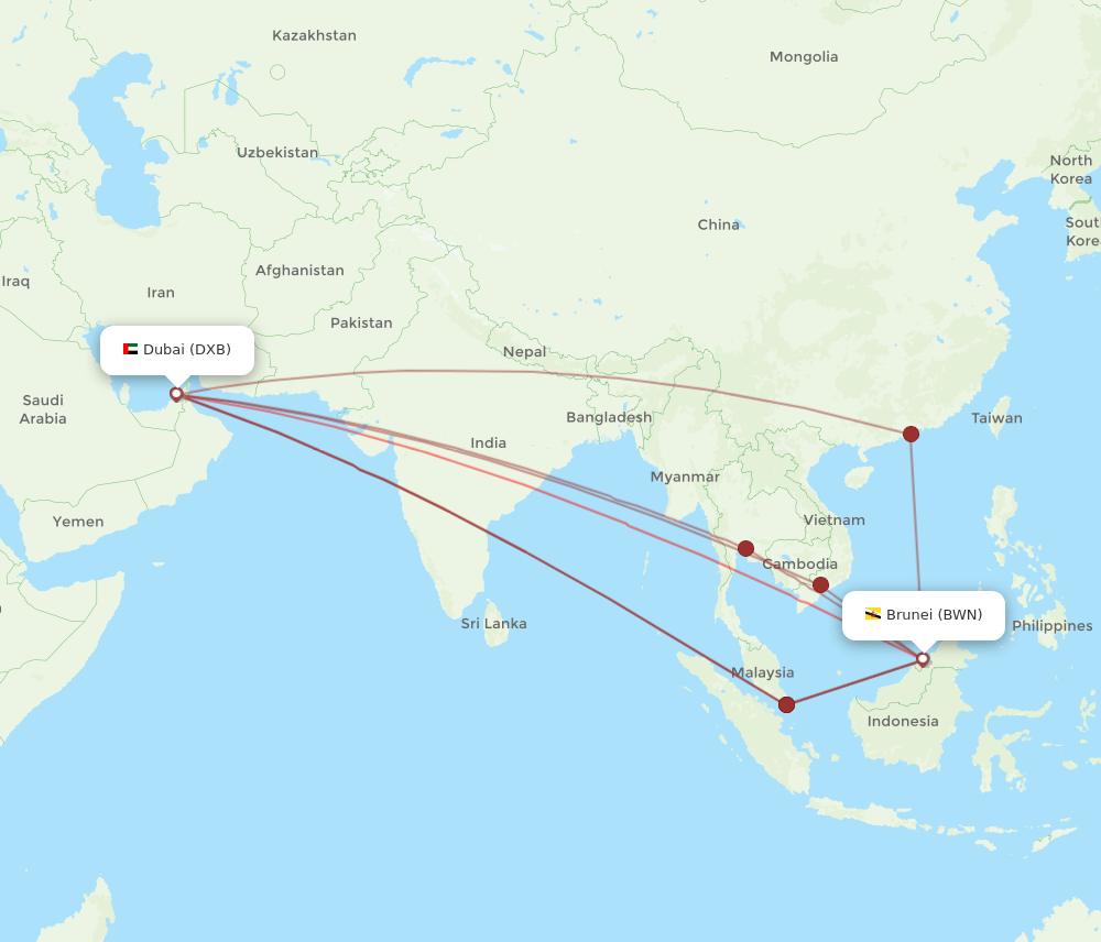 BWN to DXB flights and routes map