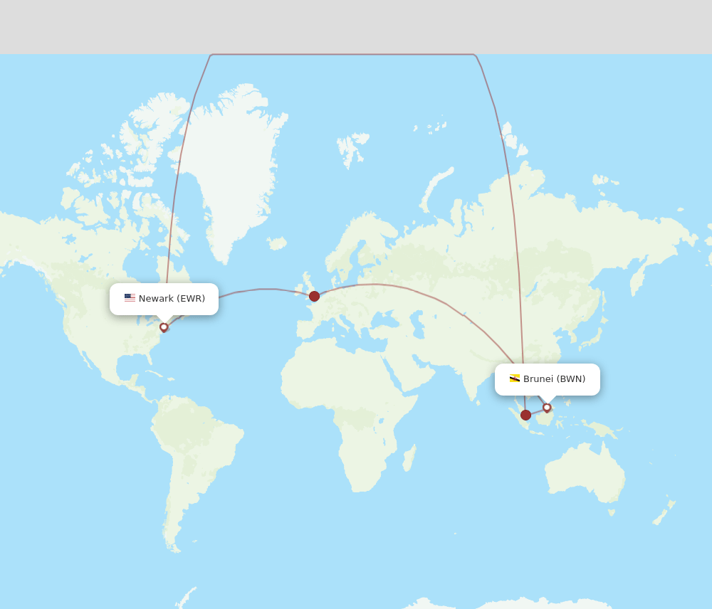 BWN to EWR flights and routes map