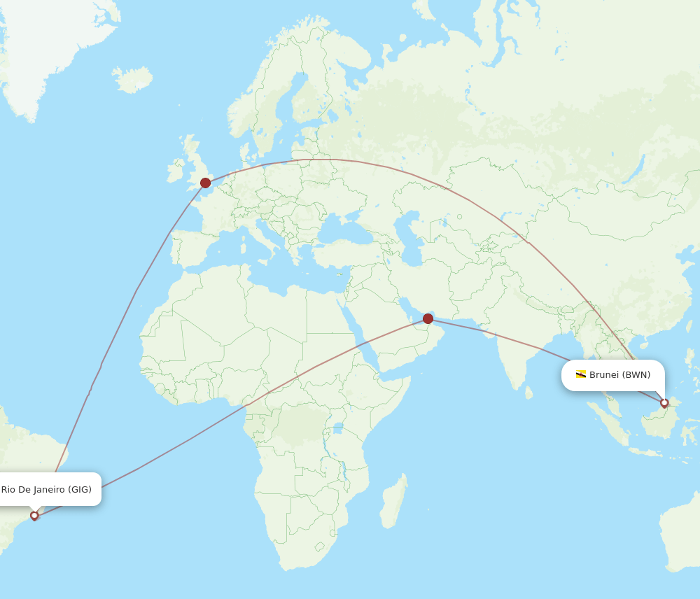 GIG to BWN flights and routes map