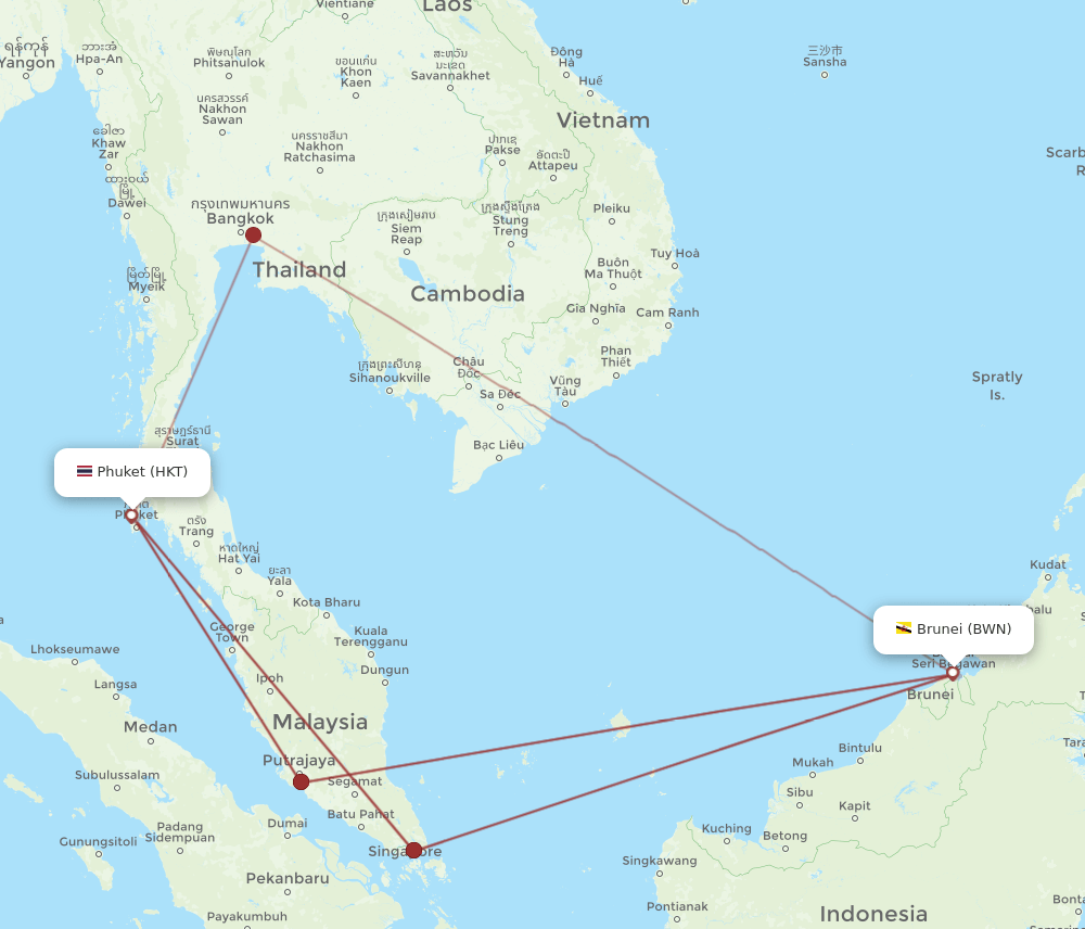 BWN to HKT flights and routes map