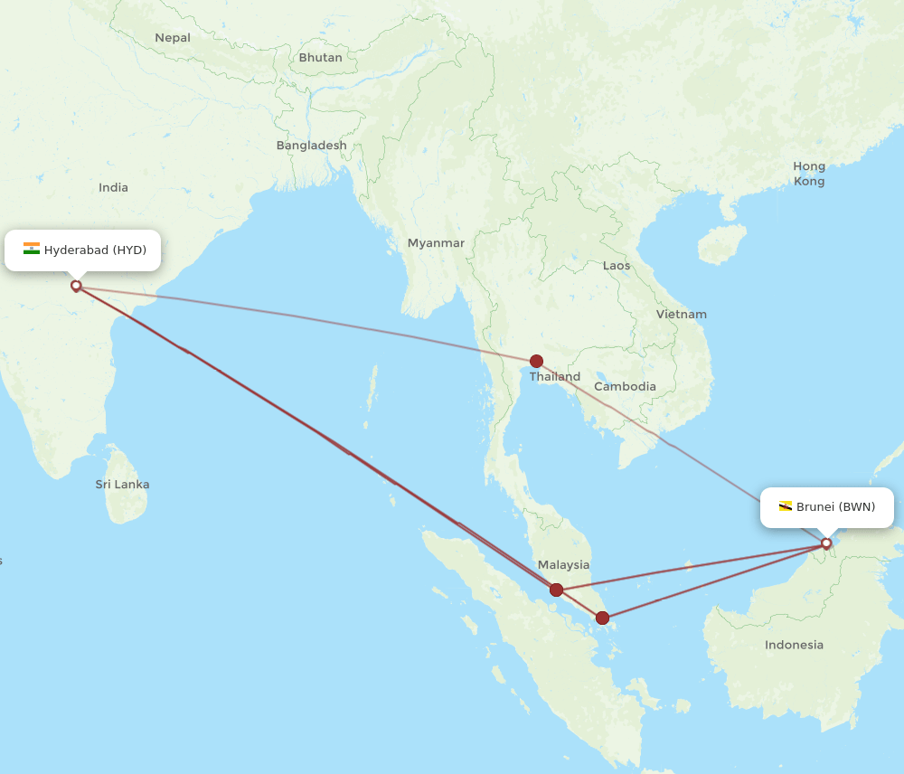 BWN-HYD flight routes