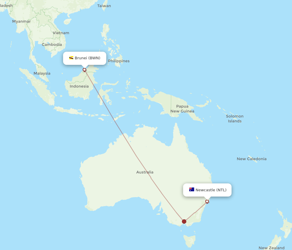 Newcastle - Bandar Seri Begawan route map and flight paths