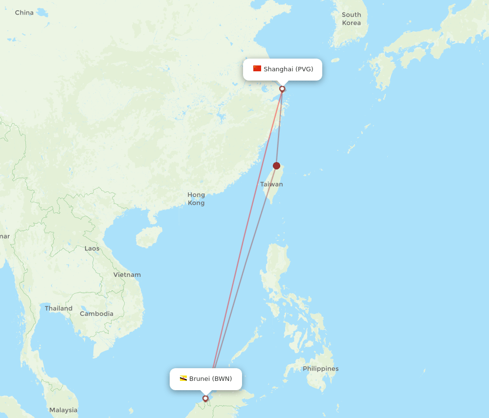 BWN to PVG flights and routes map