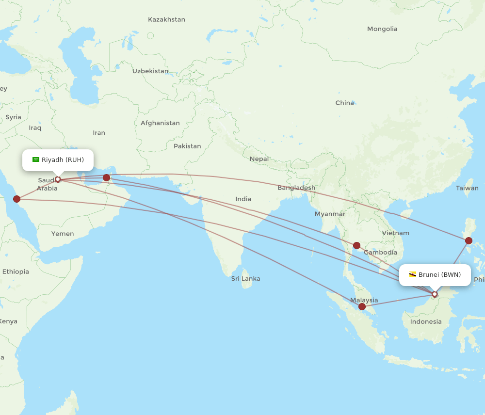 BWN-RUH flight routes