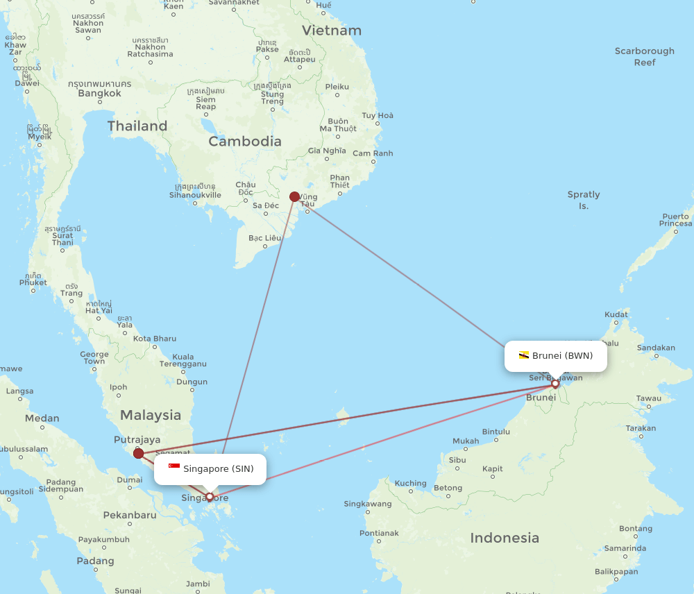 BWN to SIN flights and routes map