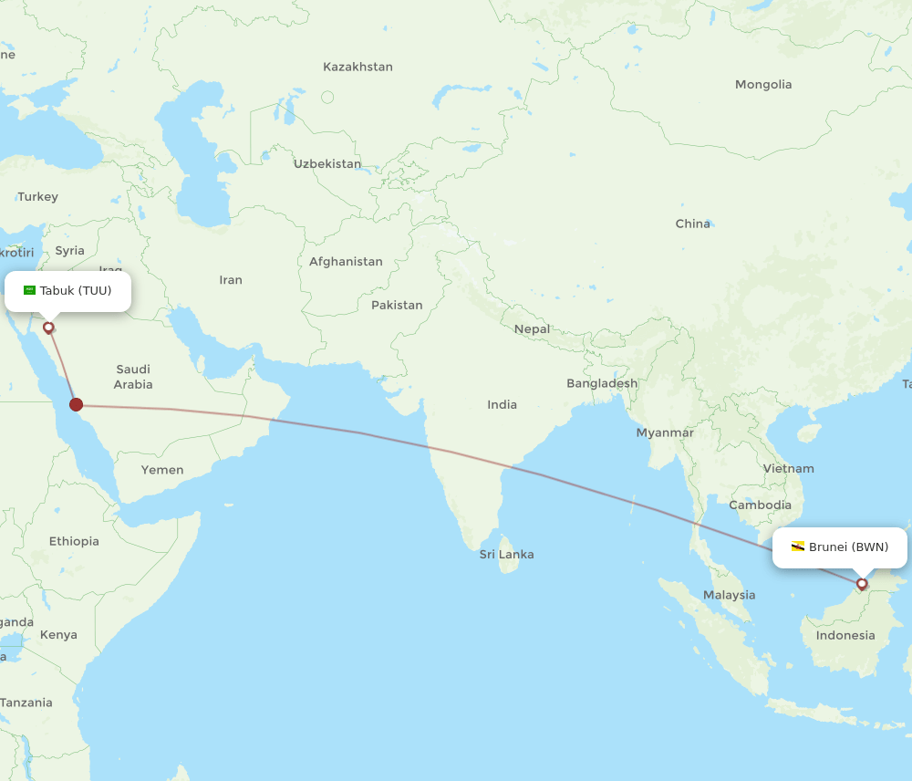 Tabuk - Bandar Seri Begawan route map and flight paths