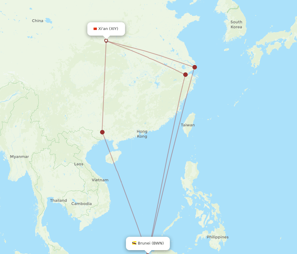 BWN to XIY flights and routes map
