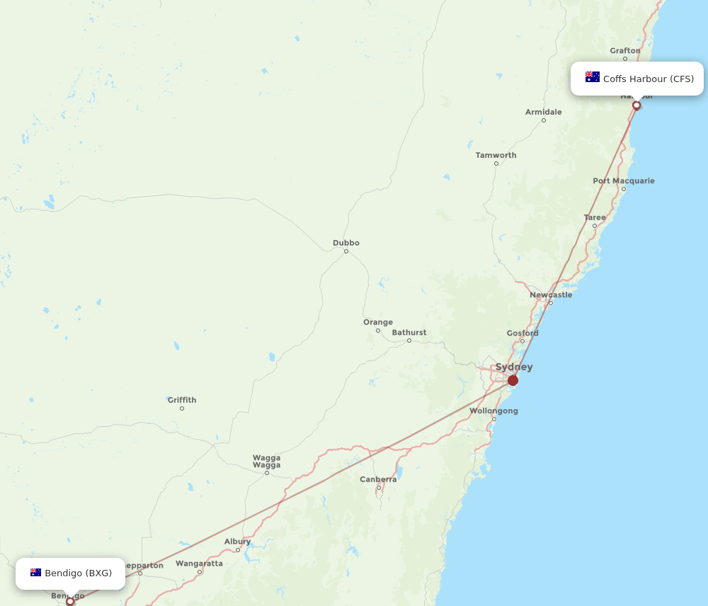 Bendigo - Coffs Harbour route map and flight paths