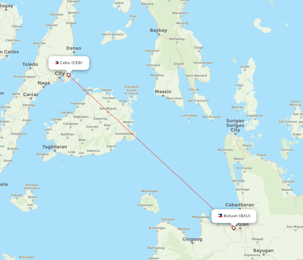 Butuan - Cebu City route map and flight paths