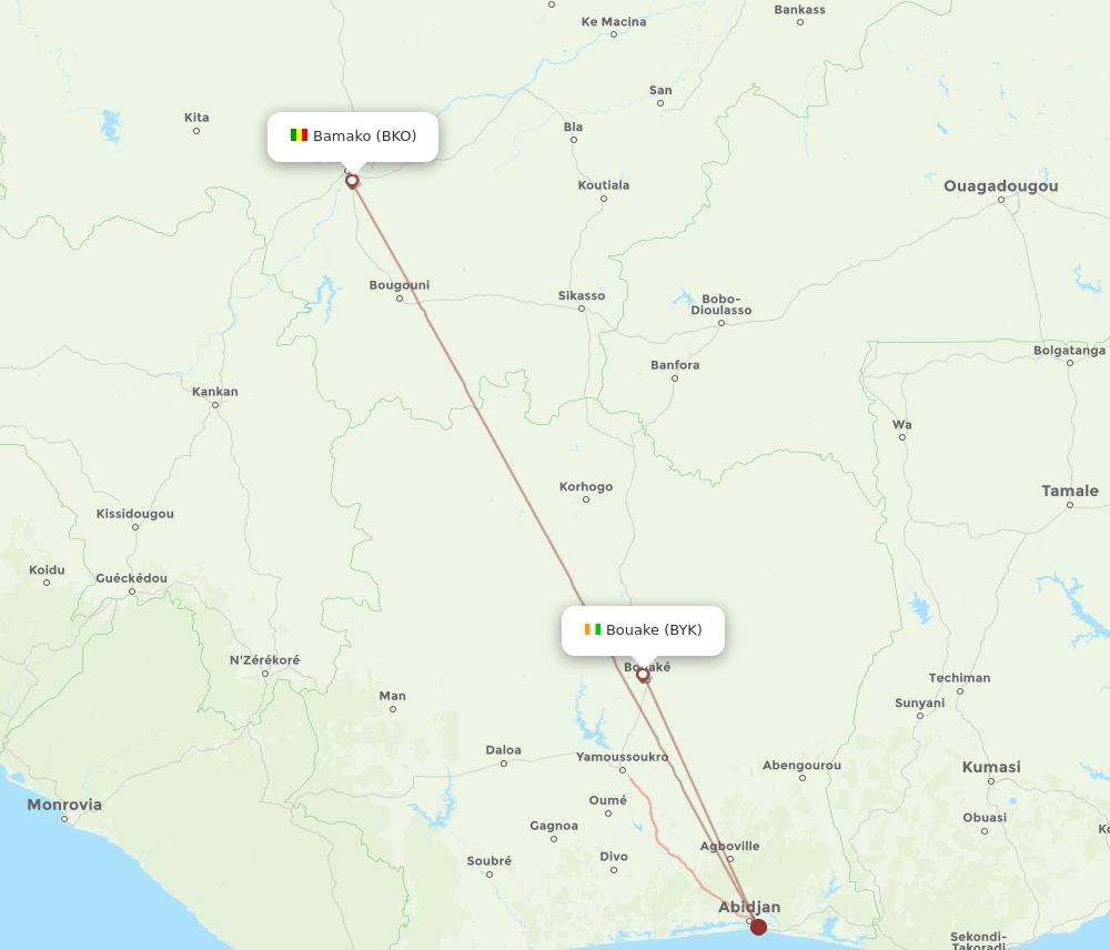 Bamako - Bouake route map and flight paths