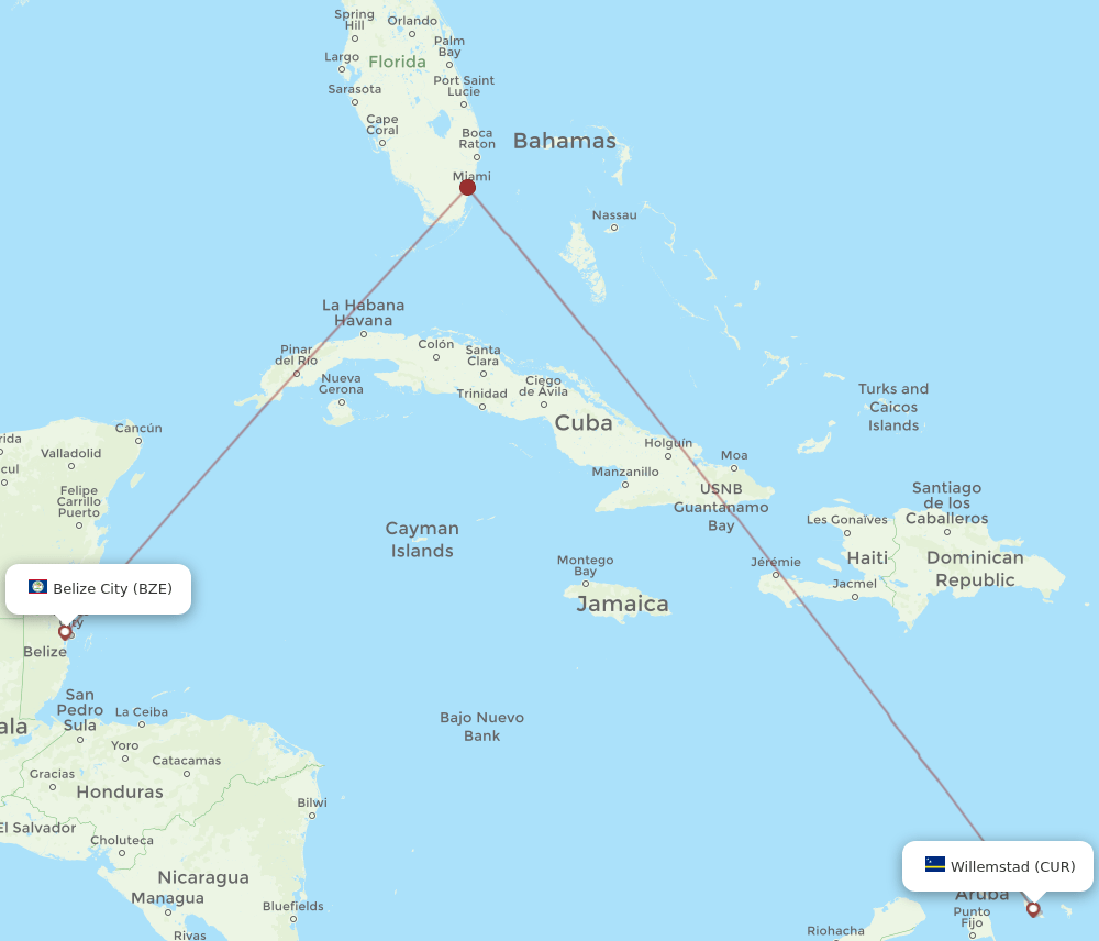 Curacao - Belize City route map and flight paths