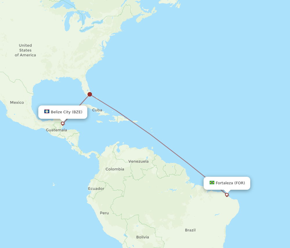 Belize City - Fortaleza route map and flight paths
