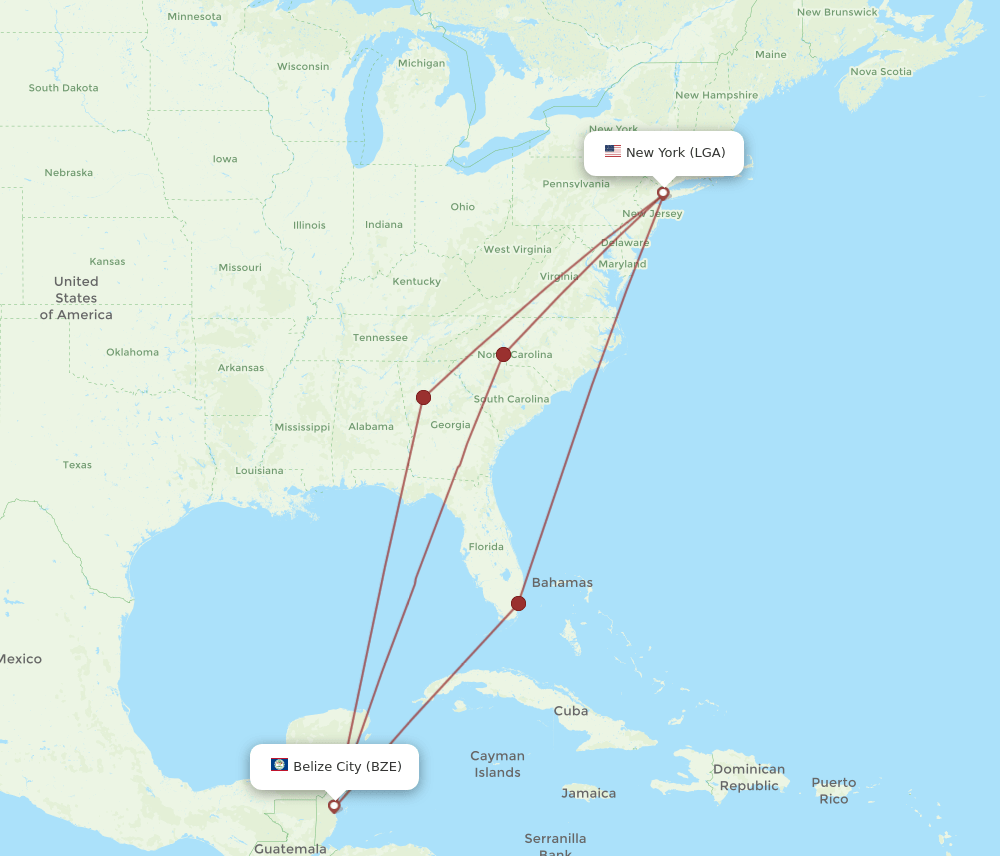BZE-LGA flight routes