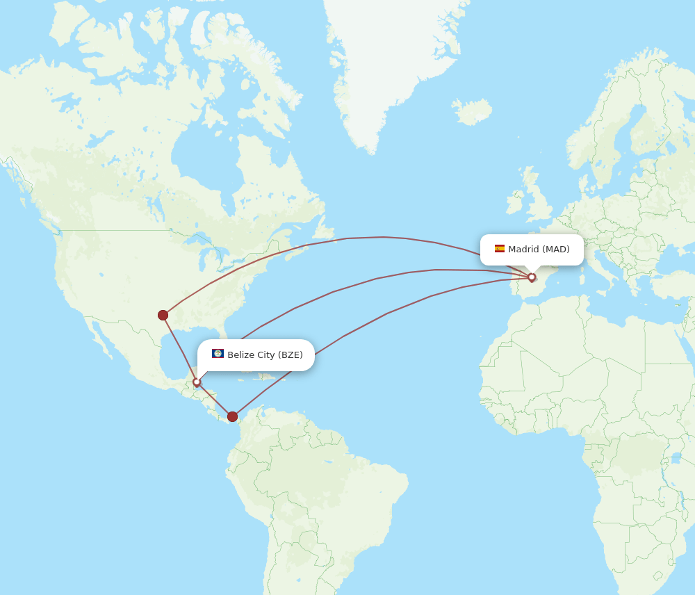Madrid - Belize City route map and flight paths