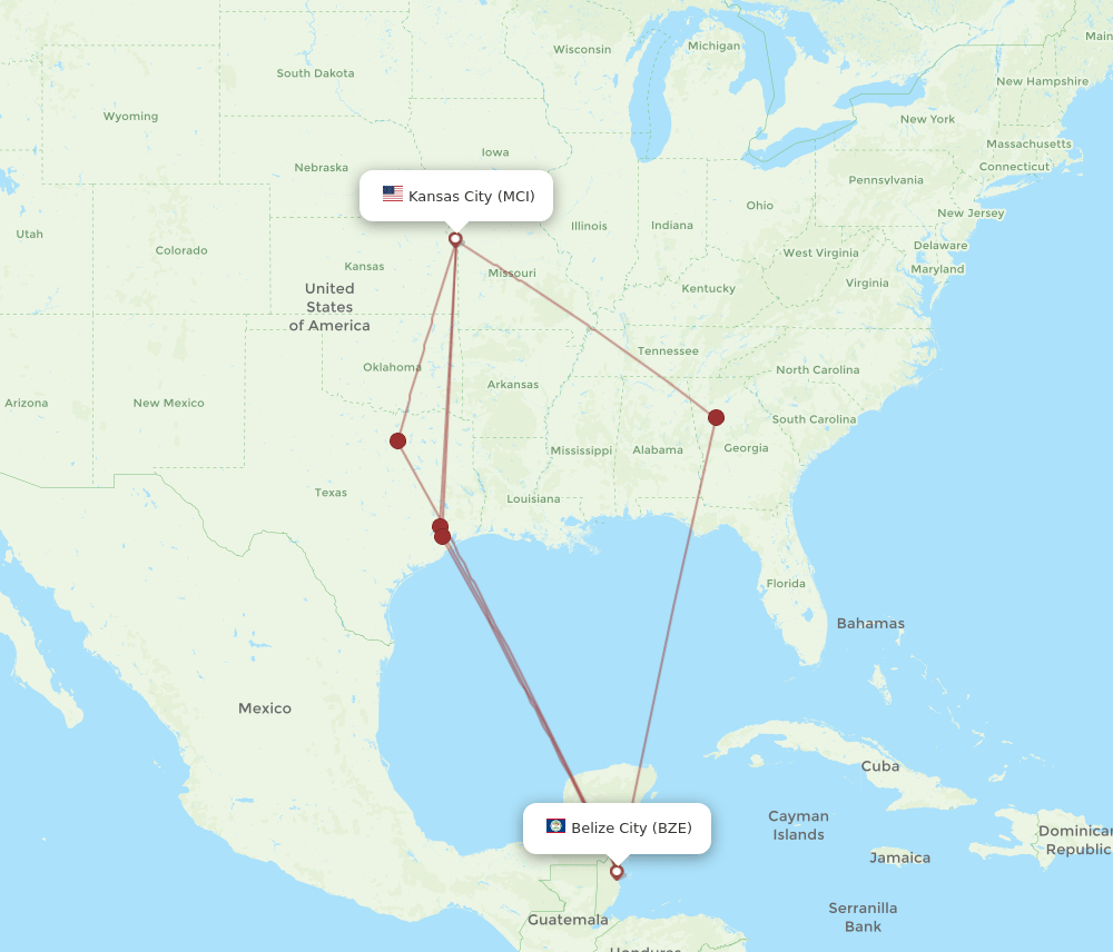 BZE-MCI flight routes