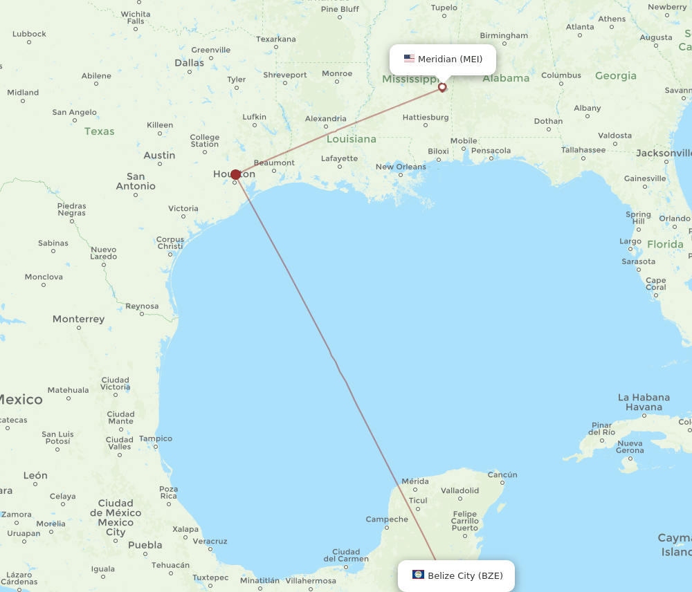 BZE to MEI flights and routes map