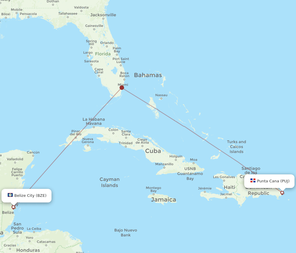 BZE to PUJ flights and routes map