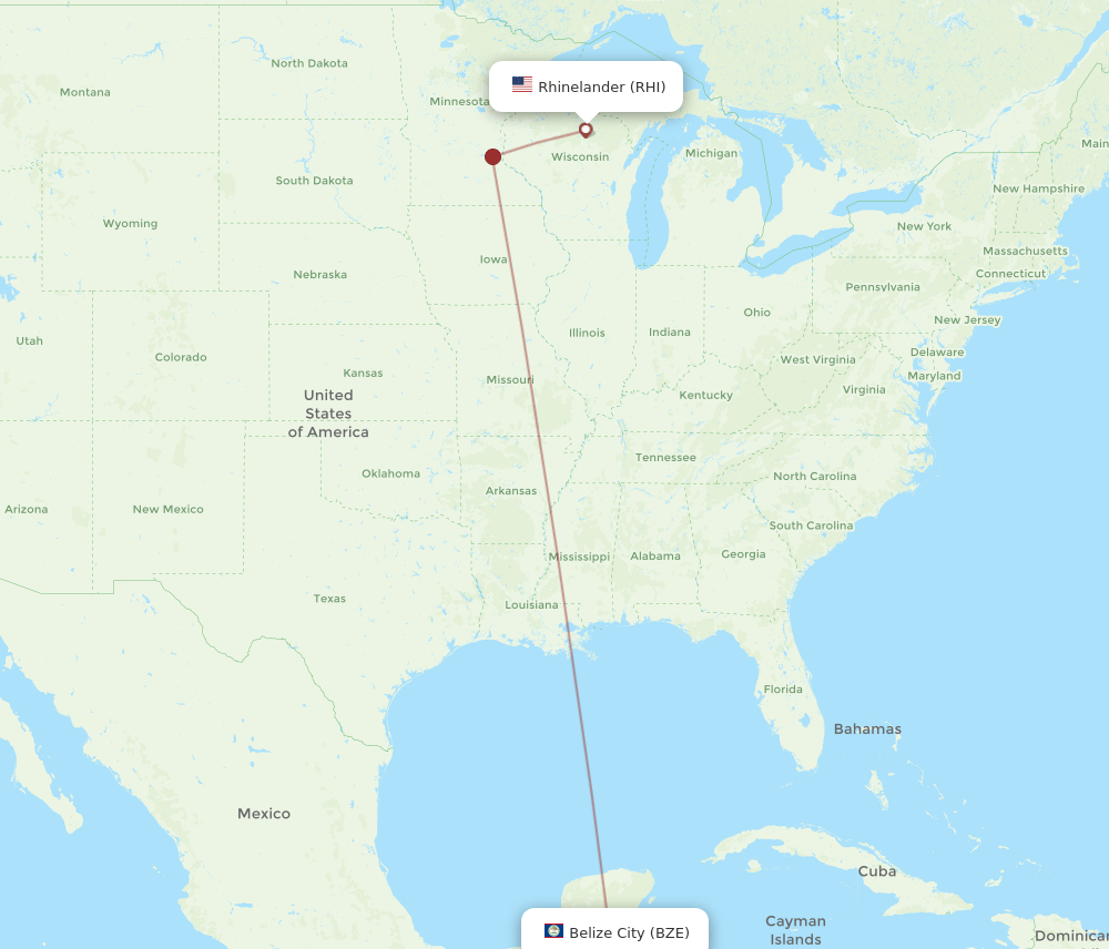 Rhinelander - Belize City route map and flight paths