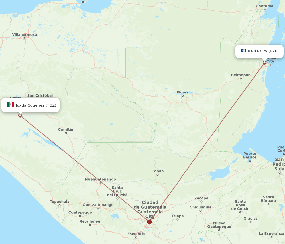 Belize City - Tuxtla Gutierrez route map and flight paths