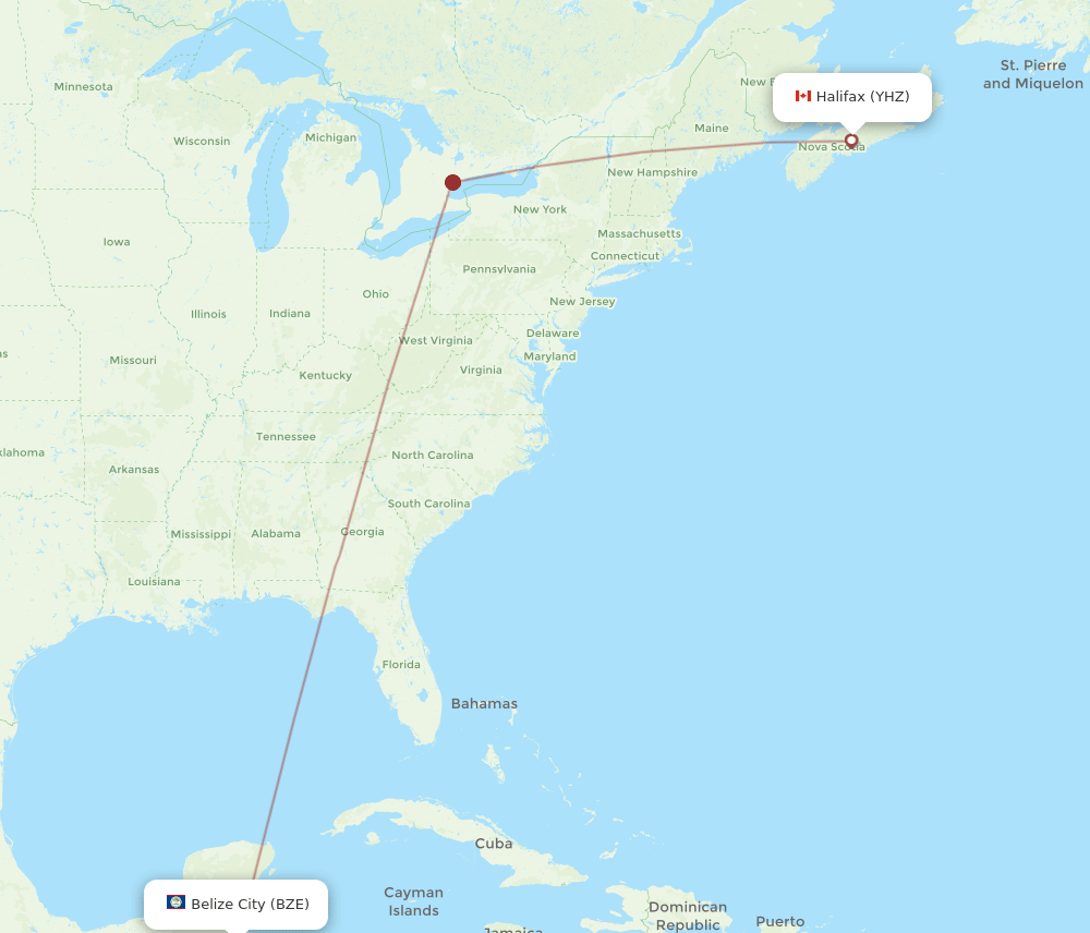 BZE to YHZ flights and routes map