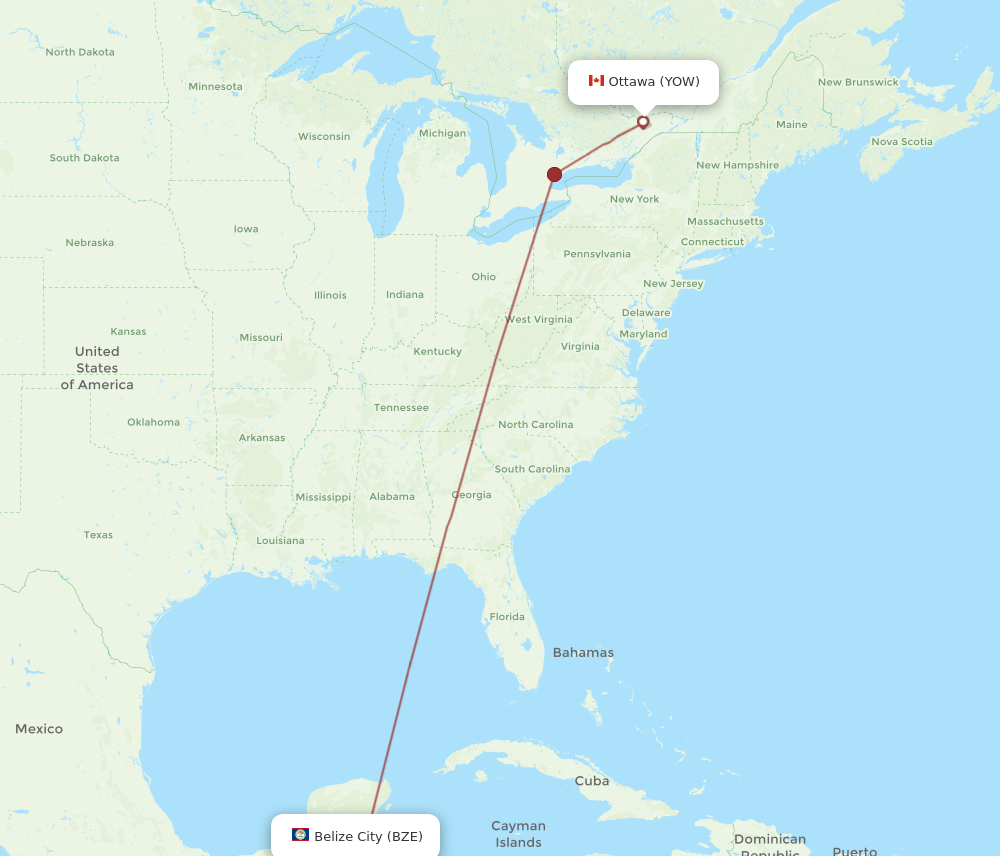 BZE to YOW flights and routes map