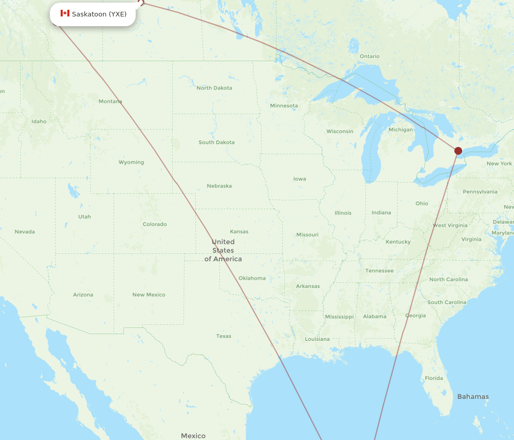 BZE to YXE flights and routes map