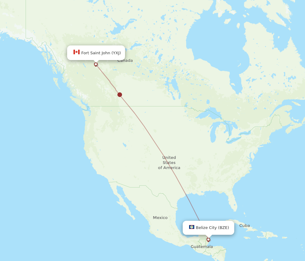 Fort St. John - Belize City route map and flight paths
