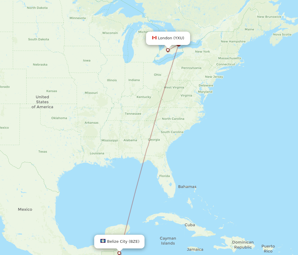 London - Belize City route map and flight paths