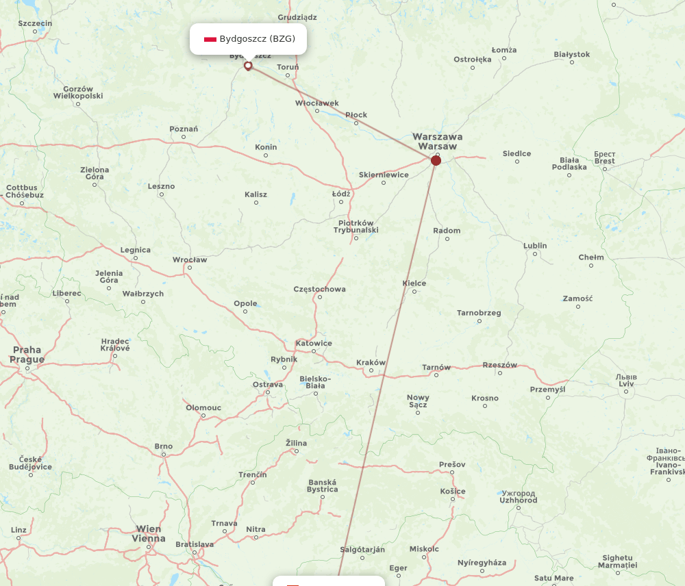 BZG to BUD flights and routes map