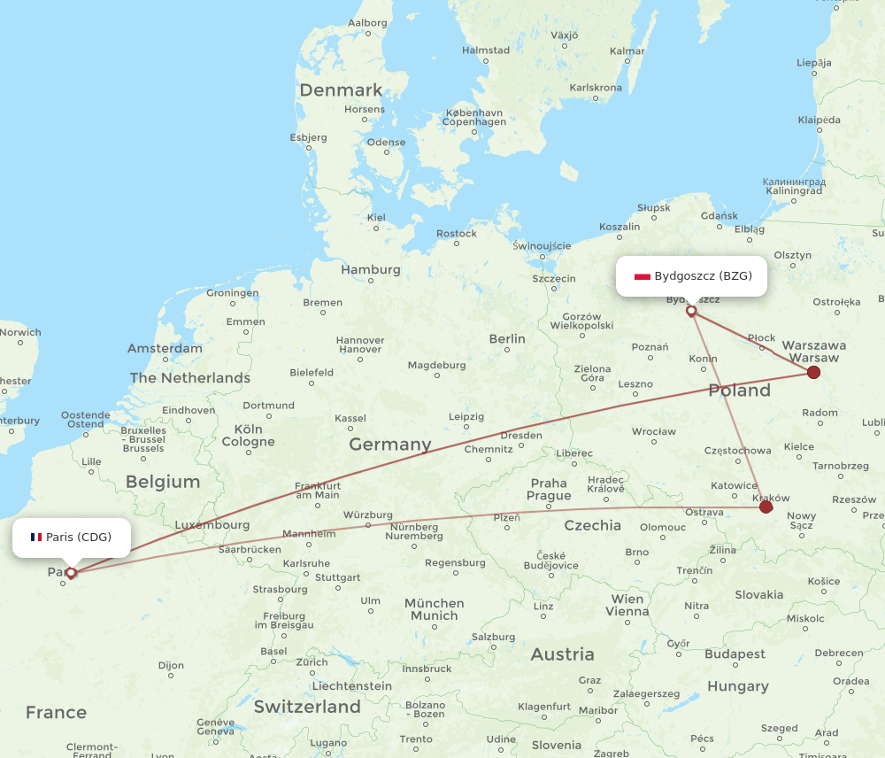BZG to CDG flights and routes map