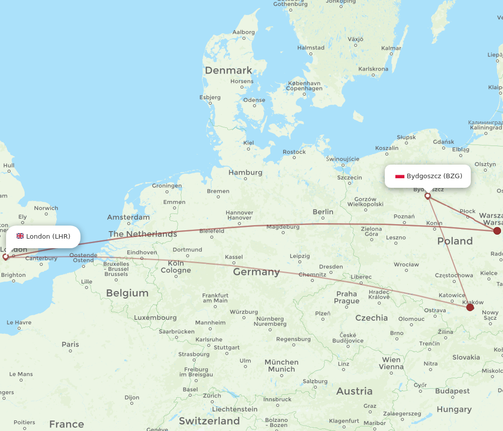 BZG to LHR flights and routes map