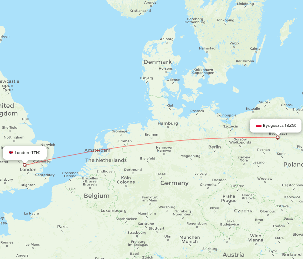 Bydgoszcz - London route map and flight paths
