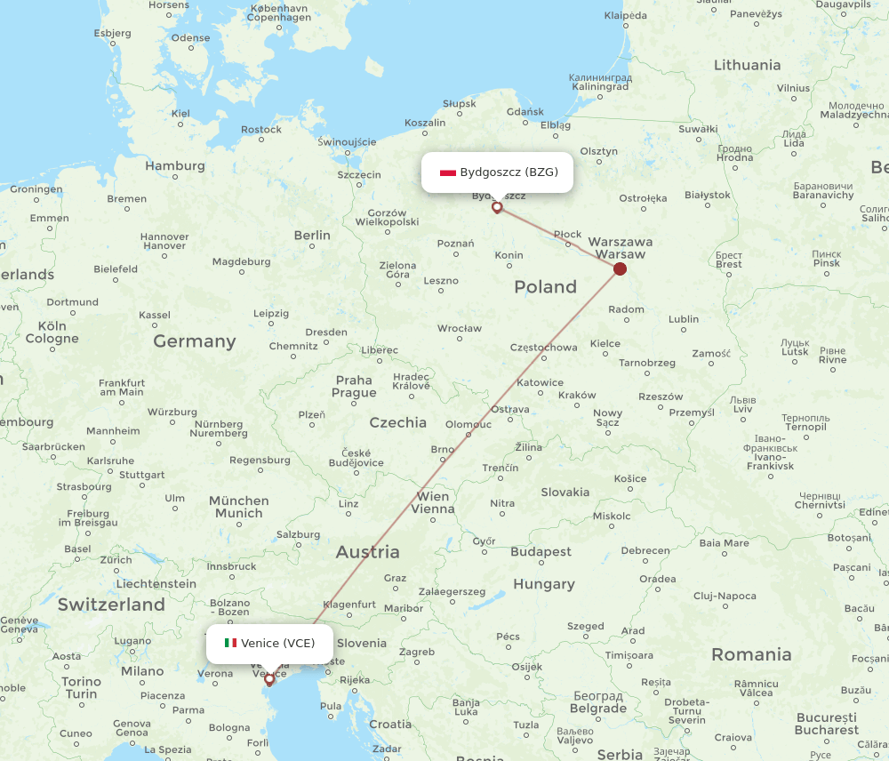 Venice - Bydgoszcz route map and flight paths