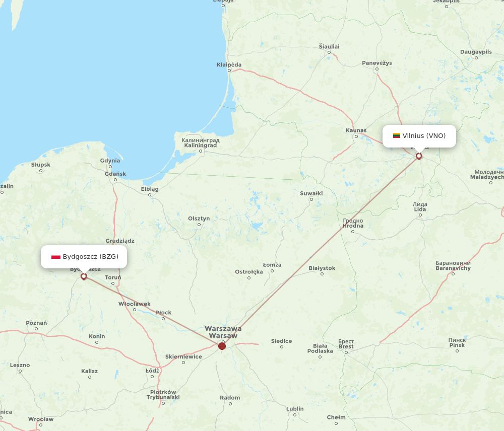 Vilnius - Bydgoszcz route map and flight paths