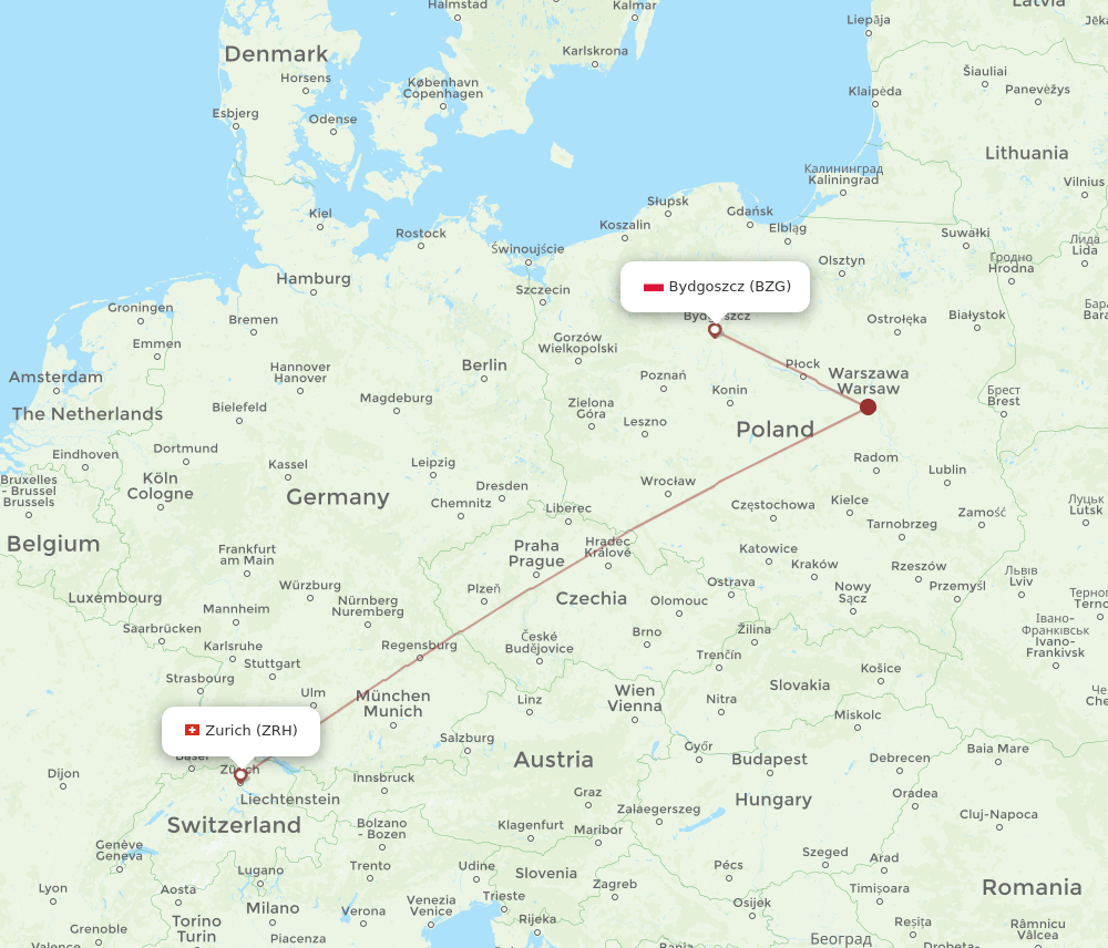 Zurich - Bydgoszcz route map and flight paths