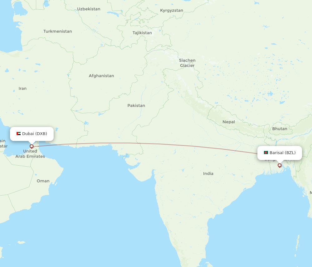 DXB to BZL flights and routes map