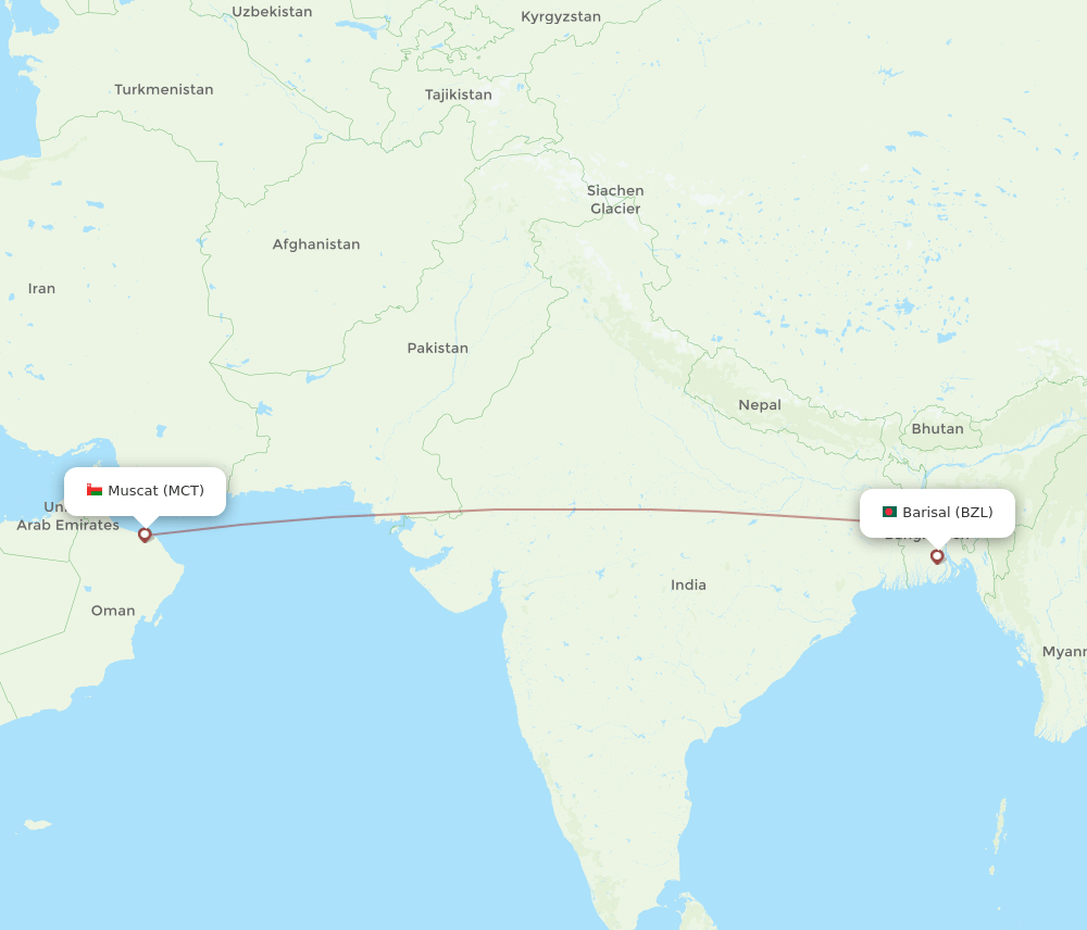 Muscat - Barisal route map and flight paths