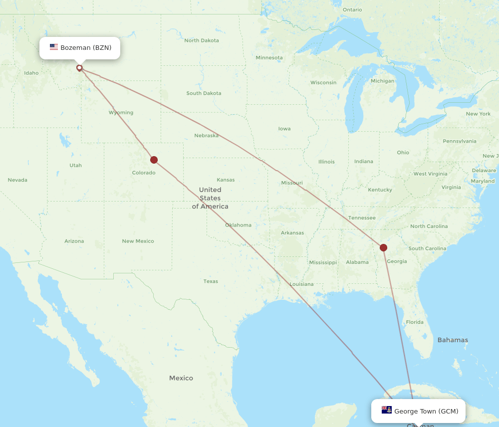 BZN to GCM flights and routes map