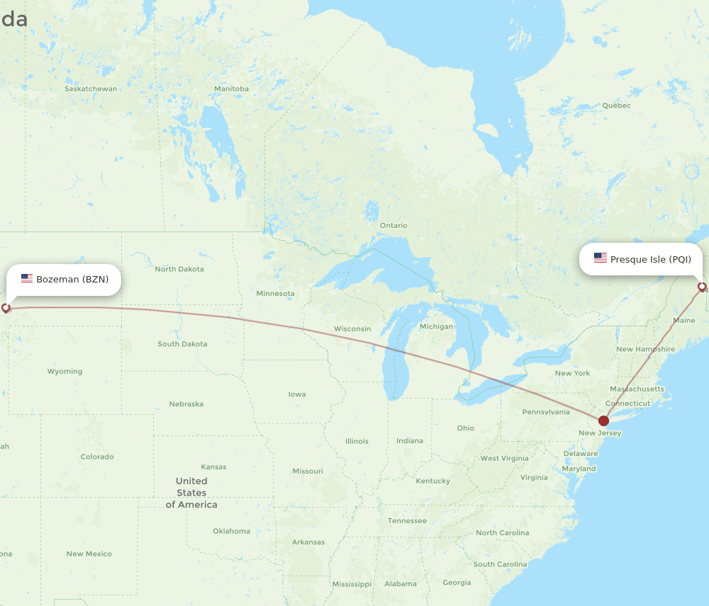 Presque Isle - Bozeman route map and flight paths
