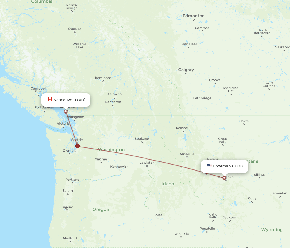 Vancouver - Bozeman route map and flight paths