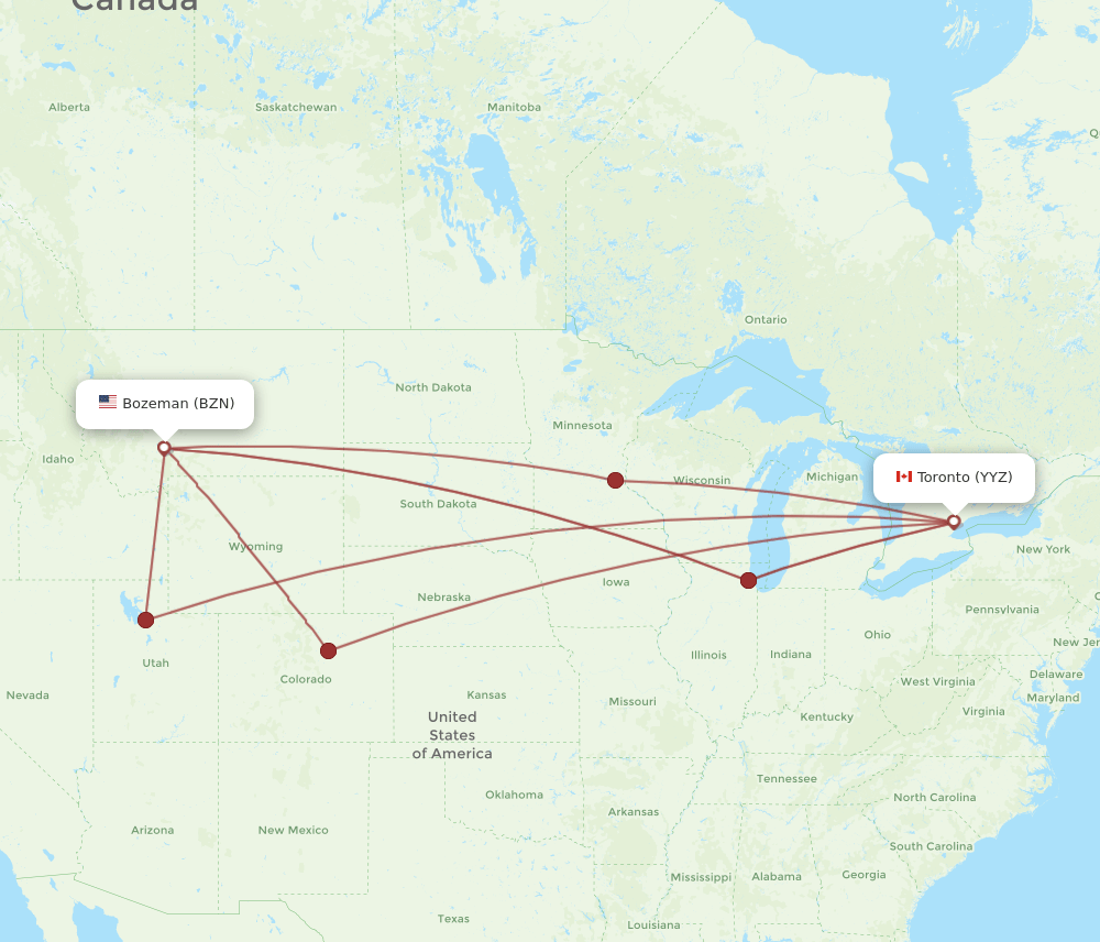 Toronto - Bozeman route map and flight paths